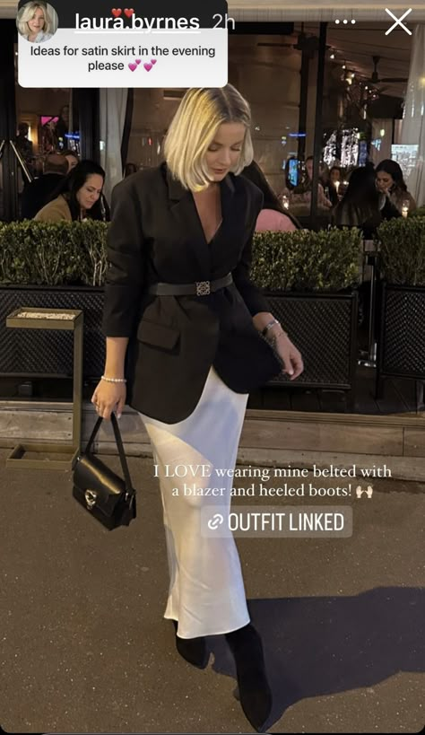 Minimal Evening Outfit, Silk Skirt And Blazer Outfit, Blazer Maxi Skirt Outfit, Satin Skirt Boots, White Blazer And Skirt Outfit, Satin Skirt Blazer Outfit, Gonna Satin Outfit, Long Silver Skirt Outfit, Satin Skirt Formal Outfit