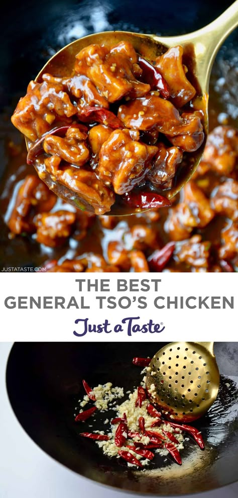 This is the best General Tso’s Chicken recipe! Crispy chicken thighs (or chicken breasts) tossed in a sweet, tangy, garlicky soy sauce. Serve it over your choice of white or brown rice to soak up all that saucy deliciousness! #justatasterecipes General Tso Sauce Recipe, Easy General Tso Chicken, General Tao Chicken, General Tso's Chicken Recipe, Easy Beef And Broccoli, General Tso's Chicken, Fresh Recipe, Crispy Chicken Thighs, Tso Chicken