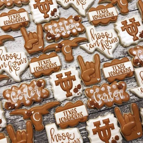 Texas Longhorn Cookies Decorated, Ut Cookies Decorated, Ut Graduation Party Ideas Texas Longhorns, Longhorn Birthday Party, Texas Longhorn Birthday Party, Wedding Cocktail Hour Food Ideas, Longhorn Cookies, Cocktail Hour Food Ideas, Longhorn Party