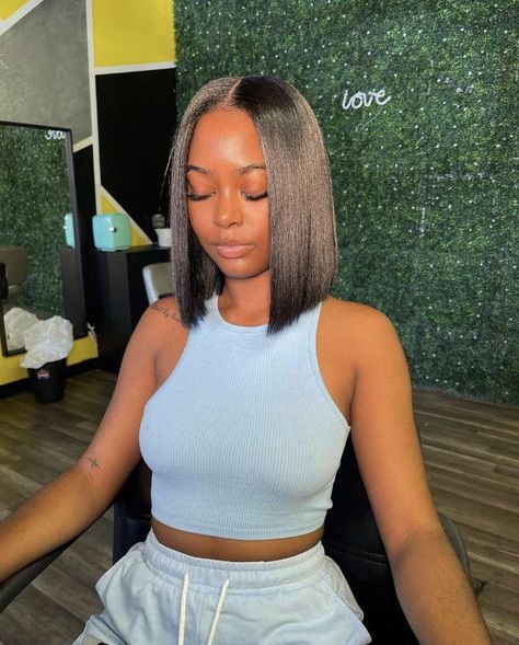 Straightened Bob Black Women, Black Bob Middle Part, Black Bob On Black Women, Middle Part Inverted Bob, Medium Bob Haircut Black Women, Natural Bob On Black Women, Bob Hairstyle Natural Hair, A Bob Haircut Black Women, Middle Bob Hairstyles For Black Women