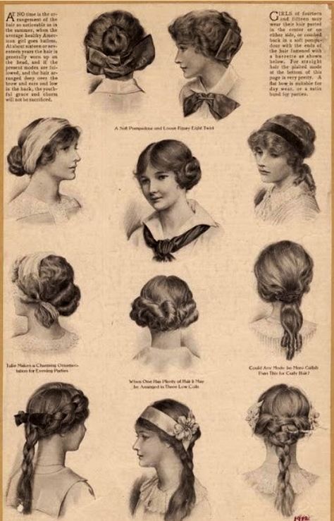 Hairstyles fashionable in 1910                                                                                                                                                     More 1910 Hairstyles, 1910 Hair, Teen Hair, Historical Hairstyles, Edwardian Hairstyles, Music Man, Edwardian Fashion, Vintage Hair, Edwardian Era