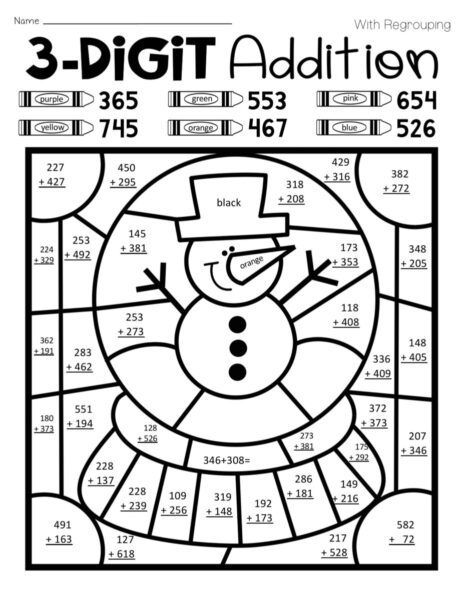 To learn the third grade addition by coloring worksheet. Addition Coloring Worksheet, Winter Math Worksheets, 4th Grade Multiplication, Holiday Math Worksheets, Coloring Worksheets For Kindergarten, Third Grade Math Worksheets, Halloween Math Worksheets, Winter Worksheets, Christmas Color By Number