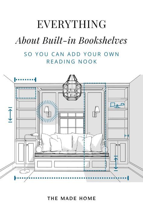 Everything you need to know about installing and designing built-in bookshelves in your home! Get function and design in your reading nook by centering the built-in bookshelves on a window. As a bonus, check out the dimensions for a built-in window seat! Get tips and dimensions at themadehome.com Plans For Built In Bookshelves, Built In Bookshelves Measurements, Built In Shelves Library Room, Built In Bookshelves With Window, Window Seat With Bookshelves Built Ins, Building A Reading Nook, Diy Built In Reading Nook, Window With Bookshelves, Library With Reading Nook