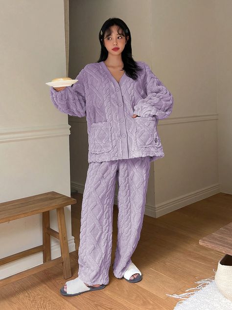 DAZY Flannel Pajamas Set With V-Neck Button Up Top, Double Pockets, Long Sleeve And Long PantsI discovered amazing products on SHEIN.com, come check them out! Winter Pjs Women, Purple Pjs, Winter Pjs, Purple Pajamas, Pajamas Aesthetic, Night Suit For Women, Red Riding Hood Costume, Warm Pajamas, Womens Pjs