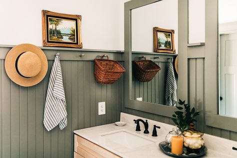 Sage Green Board And Batten Bathroom, Johanna Gaines Bathroom Ideas, Board And Batten Around Bathroom Vanity, Board And Batten Bathroom Green, Green Board And Batten Bathroom, Olive Green Headboard, Green Beadboard Bathroom, Beadboard Vanity, Board Batten Bathroom