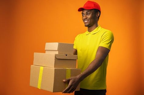 Delivery Company Pictures, Delivery Man Photography, Delivery Guy, Surprised Black Guy, Stock Photos People, Courier Service, Man Photography, African People, Graphic Design Lessons