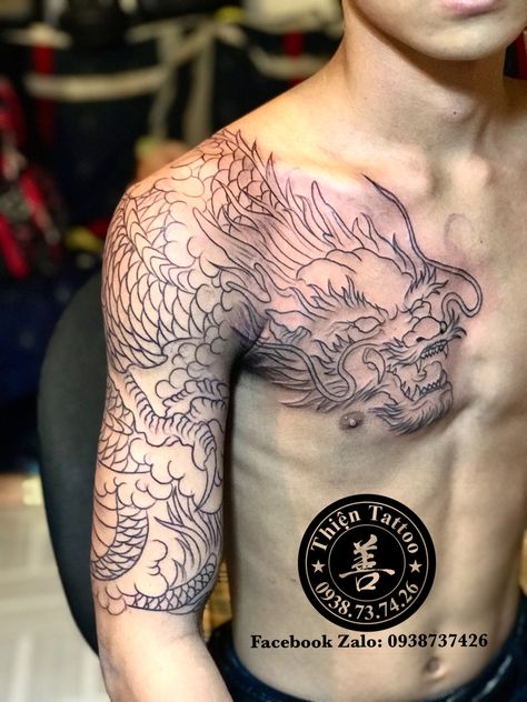 Dragon Tattoo Face, Dragon Tattoo Forearm, Dragon Tattoo Shoulder, Dragon Tattoo On Chest, Shen Long Tattoo, Dragon Tattoo Chest, Dragon Head Tattoo, Tattoo On Chest, Dragon Tattoos For Men