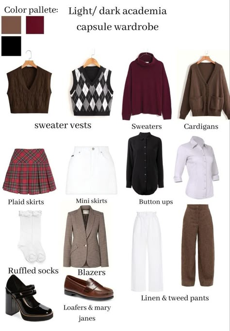 Colourful Academia Fashion, Dark Academia Clothes List, Dark Academia Aesthetic Capsule Wardrobe, Types Of Academia Fashion, Light Academia Basic Wardrobe, Basic Dark Academia Outfit, Capsule Wardrobe Light Academia, Dark Academia Staple Pieces, Dark Academia Everyday Outfit