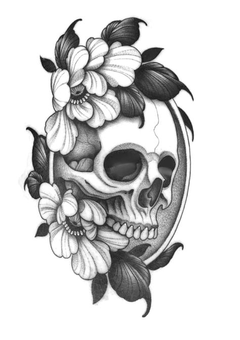 Skull And Peonies Tattoo, Neotraditional Skull Tattoo Design, Blackwork Floral Tattoo, Floral Skull Tattoos, Cute Halloween Tattoos, Skull Tattoo Flowers, Tattoo Linework, Skull Hand Tattoo, Hourglass Tattoo