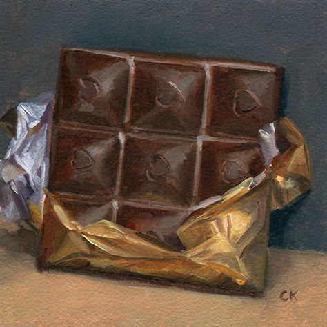 Chocolate Bar, 4" x 4", oils on paper. Buy at ckornacki.etsy.com. In 2015, I started a weekly food painting initiative. Every Monday, I create a small, 4" oil paintings from life. Kitchen Painting Art, Chocolate Drawing, Paintings Wall Decor, Bar Original, Nature Paint, Painting The Roses Red, Home Nature, Brown Painting, Chocolate Art