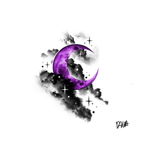 Galaxy Chest Tattoo Female, Purple Moon Tattoo, Black And Purple Tattoos, Color Moon Tattoo, Dark Moon Tattoo, Moon Tattoo Stencil, Night Sky Tattoos, Watercolor Galaxy Tattoo, Sky Tattoos