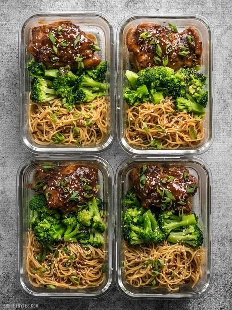 Salty, sweet, and rich flavors dominate this Sticky Ginger Soy Glazed Chicken Meal Prep Box, with tender broccoli florets for good measure. BudgetBytes.com Soy Glazed Chicken, Chicken Cooking, Best Meal Prep, Low Carb Meal, Dinner Meal Prep, Make Ahead Lunches, Glazed Chicken, Chicken Meal Prep, Makanan Diet