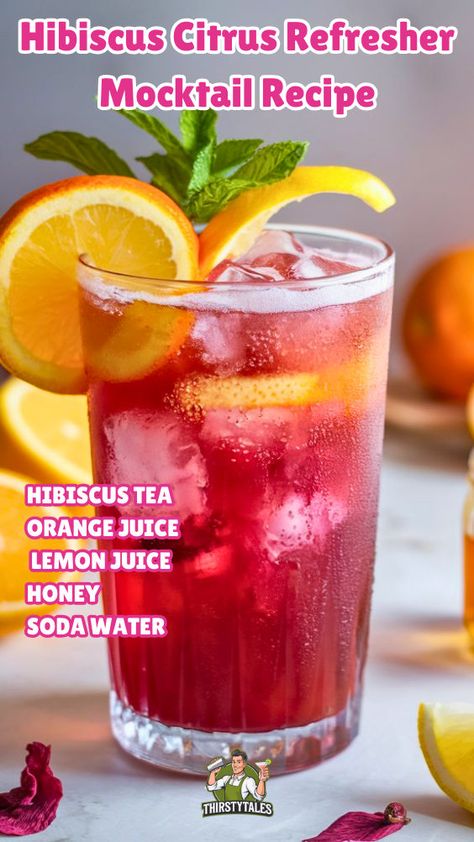 "Discover the ultimate Hibiscus Citrus Refresher Mocktail recipe, perfect for summer! This refreshing mocktail combines the vibrant flavors of hibiscus tea with zesty citrus, making it an ideal choice for non-alcoholic beverages. Enjoy this delightful drink at your next gathering or as a refreshing treat on a warm day. Explore more Hibiscus mocktail ideas and elevate your summer drinks with our easy-to-follow Hibiscus tea recipes. Cheers to delicious, refreshing mocktails!" Fruity Mixed Drinks Recipes, Mocktails Hibiscus, Easy Mocktail Recipes Non Alcoholic, Drinkmate Recipes, Tropical Mocktail Recipe, Low Sugar Mocktails Non Alcoholic, La Croix Mocktail Recipes, Easy Mocktail Recipes 3 Ingredients, Summer Mocktails Non Alcoholic