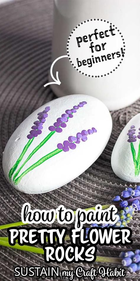 Rock Art In Garden, Painted Flower Rocks Garden Art, Rock Art Flowers Ideas, Painted Rocks Flowers Ideas, Lavender Painted Rocks, Painted Rock Flowers In Garden, Painting Rocks For The Garden, Lavender Rock Painting, Painted Rock Ideas For Garden