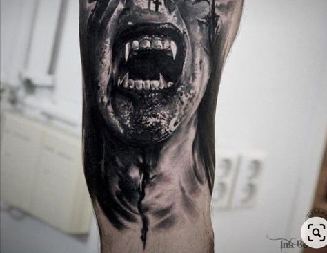 Control Tattoo Ideas, Scary Tattoos Dark Art, Vampire Tattoo Designs, Vampire Tattoo, Evil Skull Tattoo, Skull Sleeve Tattoos, Evil Tattoos, Movie Tattoos, Wicked Tattoos