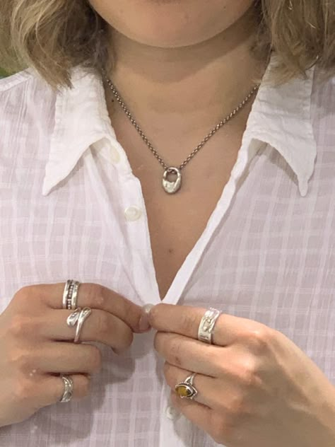 Short Manicured Nails, Summer 2023 Accessories, Masc Jewelry, Androgynous Formal Wear, Layered Silver Necklaces, Making A Ring, Hands With Rings, 2023 Accessories, Ring Aesthetic