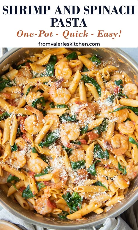 This Shrimp and Spinach Pasta in a flavorful tomato-parmesan cream sauce is an irresistible one pot meal. Impressive enough to serve to guests but so easy you can make it any night of the week! Shrimp And Spinach Pasta, Shrimp And Spinach Recipes, Shrimp Spinach Pasta, Shrimp And Spinach, Shrimp Pasta Dishes, Easy Shrimp Pasta, Spinach Pasta Recipes, Pasta Easy, Seafood Entrees