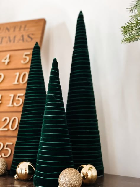 Make These Simple DIY Velvet Christmas Trees How To Make Velvet Cone Trees, Ribbon Cone Christmas Tree, Velvet Ribbon Cone Tree, Cardboard Cone Christmas Trees, Velvet Trees Diy, Cone Trees Christmas Decorating Ideas, Velvet Ribbon Christmas Tree Diy, Diy Pencil Tree, Lamp Shade Tree Collar