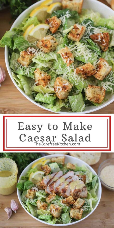 This Classic Caesar Salad is the best Caesar Salad recipe, complete with crunchy homemade croutons. Serve as a side salad, light lunch, or with added protein to make it a complete meal. #thecarefreekitchen #salad #dressing #caesar #caesarsalad #anchovies #lunch #croutons Homemade Caesar Salad, Homemade Caesar Salad Dressing, Homemade Caesar, Classic Caesar Salad, Caesar Salad Recipe, Caesar Salad Dressing, Caesar Dressing, Salad Dressing Recipes, Caesar Salad