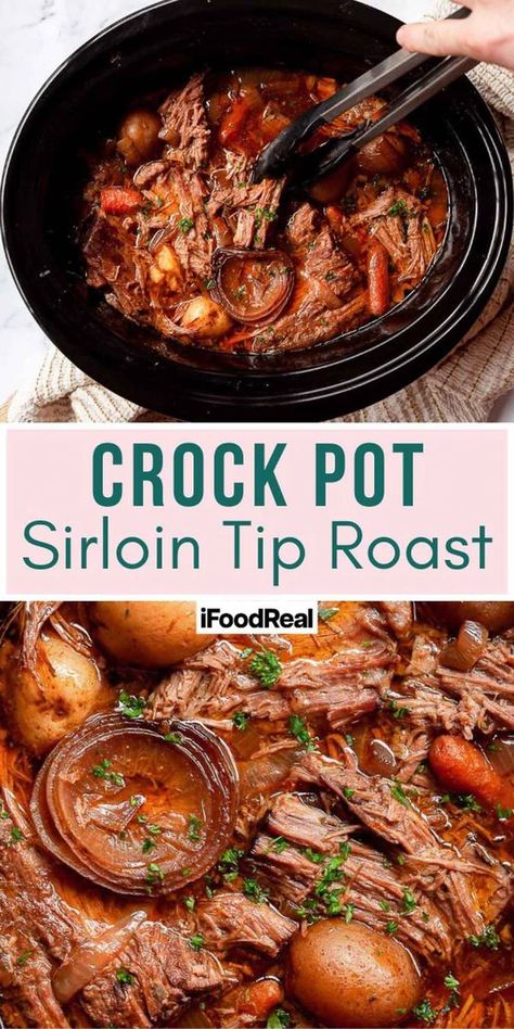 This recipe for Crock Pot Sirloin Tip Roast with tender beef and vegetables in au jus, will become your new favorite slow cooker dinner! Top Sirloin Steak Recipe, Sirloin Roast Recipes, Chuck Roast Crock Pot Recipes, Roast Beef Crock Pot Recipes, Sirloin Recipes, Sirloin Tip Steak, Beef Roast Crock Pot, Slow Cooker Pot Roast Recipes, Sirloin Steak Recipes