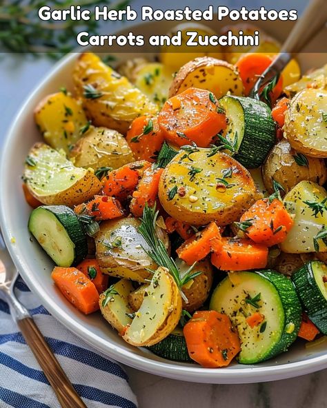 Garlic Herb Roasted Potatoes, Carrots, and Zucchini - Greenku Recipes Roasted Carrots Potatoes And Zucchini, Roasted Garlic Vegetables, Roasted Garlic Dinner Ideas, Garlic Parmesan Vegetables, Zucchini Carrots Potatoes, Garlic Herb Vegetables, Side Dishes With Vegetables, Roasted Squash And Carrots, Roasted Potatoes With Vegetables