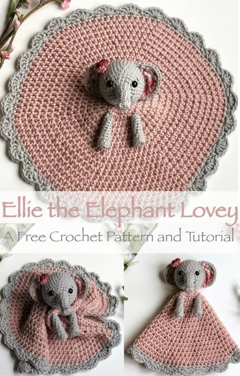 Ellie the Elephant Lovey- Free Pattern - A Purpose and A Stitch Elephant Lovey Crochet Free Pattern, Elephant Lovey Crochet, Crocheted Lovey, Crochet Lovies, Crochet Lovey Free Pattern, Crochet Security Blanket, Crochet Elephant Pattern, Lovey Crochet, Elephant Blanket