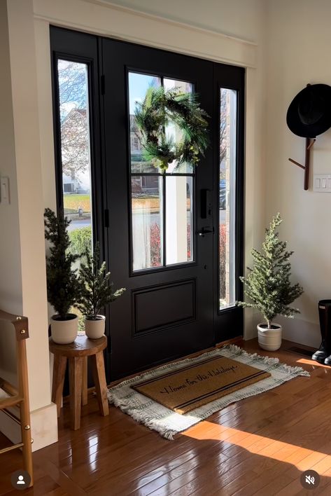 Dark Brown Main Door, Black Window Front Door, Farmhouse Door With Sidelights, Front Door Ideas Entrance Inside, Front Door By Kitchen, Front Door Side Light, Black Front Door Handles Hardware, Side Light Front Door, Black Front Door Entrance