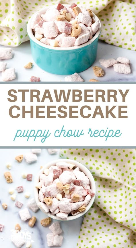 Puppy Chow Gift Packaging, Puppy Chow Valentine’s Day, Flavored Puppy Chow Recipes, Puppy Chow Flavors, Strawberry Shortcake Puppy Chow, Valentine Trail Mix Ideas, Valentines Puppy Chow, Homemade Puppy Chow, Puppy Chow Snack