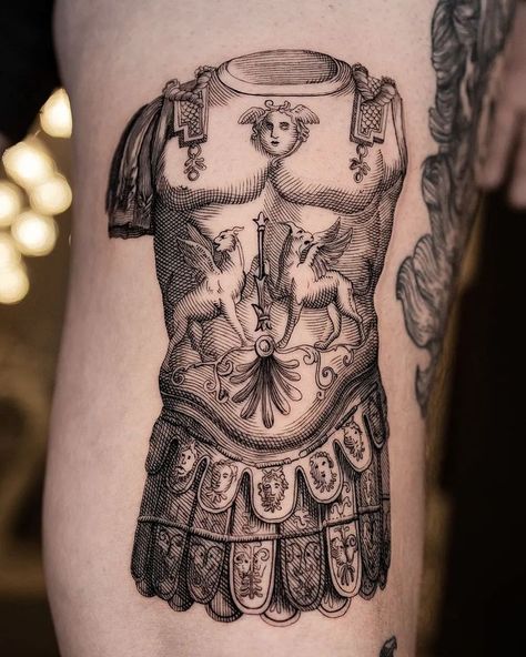 Engravement Tattoo, Roman Inspired Tattoos, Medieval Style Tattoo, Tenis Photography, Roman Tattoo Ideas, Roman Armour, Armour Tattoo, Roman Tattoo, Hand Tattoo Designs