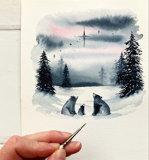 Watercolour Easy, Watercolor Christmas Art, Easy Christmas Cards, Winter Scene Paintings, Watercolor Christmas Cards Diy, Painted Christmas Cards, Watercolour Christmas, Watercolor Paintings Nature, The Three Bears