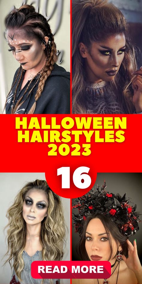 Halloween hairstyles 2023 are all about embracing the spooky season with easy and creative hair ideas suitable for both short hair and long, curly locks. Whether you're getting ready for school, work, or a night of Halloween festivities, our simple hairstyles will help you achieve the perfect look. Transform into a pirate, angel, fairy, vampire, or cat with hairstyles that are fun and spooky. Dive into the spirit with ghost buns Vampire Hair Styles Halloween, Zombie Hair And Makeup, Witch Hairstyles Halloween Easy, Gothic Half Up Half Down Hair, Vampire Halloween Hairstyles, Easy Vampire Hairstyles, Vampire Updo Hairstyles, Easy Halloween Hairstyles For Women, Halloween Hair Styles For Women