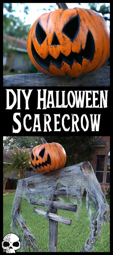 Diy Halloween Decorations Outdoor Scarecrow, Diy Spooky Scarecrow, Dollar Store Halloween Yard Decorations, Cornstalk Halloween Decorations, Scary Pumpkin Patch Decorating Ideas, Scary Pumpkin Halloween Decorations, How To Make A Plastic Pumpkin Scary, Scarecrow Jack O Lantern, Diy Scarecrow Halloween Decorations