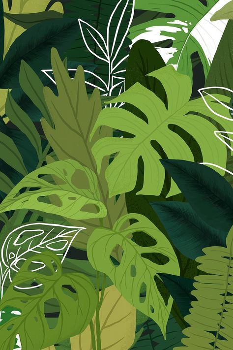 Acrylic Wallpaper, Wallpaper Stylish, Deer Stencil, Tropical Illustration, Jungle Illustration, Plants Art, Tropical Background, Plant Art Print, Plant Background