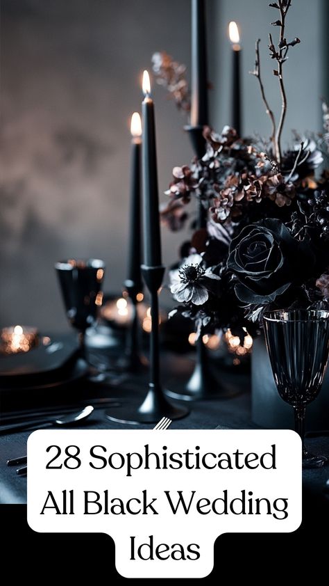 Sophisticated all-black wedding table setting with elegant black decor, including sleek black candles, black dinnerware, and chic floral arrangements, creating a modern and stylish atmosphere. Black On Black Table Setting Wedding, Goth Venue Wedding, Goth Inspired Wedding, Black Floral Arrangements Centerpieces, All Black Table Setting Party Ideas, Gothic Chic Wedding Decor, Gothic Wedding Outdoor, Diy Black Centerpieces Wedding, Dark Forest Theme Wedding