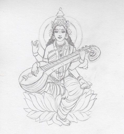 Saraswati - sketch by CoconutPocky on DeviantArt Saraswati Pencil Sketch, Sarasvati Ma Drawing, Saraswati Drawing Art, Ma Saraswati Drawing, Maa Saraswati Drawing Sketch, Vishnu Drawing Easy, Saraswati Puja Drawing, Saraswati Goddess Drawing, Vishnu Sketch