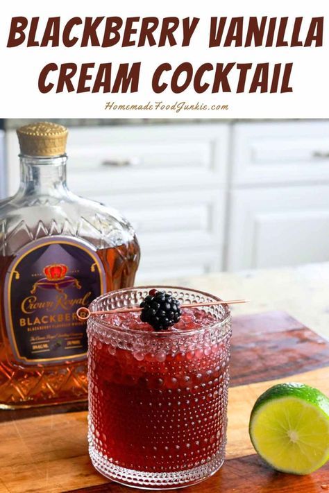 The blackberry vanilla cream cocktail features the Crown Royal Blackberry whiskey with muddled fresh blackberries, and a splash of cream soda. Crown Royal Blackberry Whiskey Drinks, Vanilla Bourbon Cocktail, Bourbon Cream Cocktail Recipes, Crown Whiskey Drinks, Cocktails With Cream Soda, Blackberry Mule Cocktail, Crown Blackberry Recipes, Crown Mixed Drinks, Crown Royal Blackberry