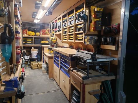 Container Workshop Ideas, Work Trailer Organization, Tool Trailer Organization, Van Shelving Ideas, Small Enclosed Trailer, Enclosed Utility Trailers, Workshop Trailer, Trailer Storage Ideas, Trailer Shelving