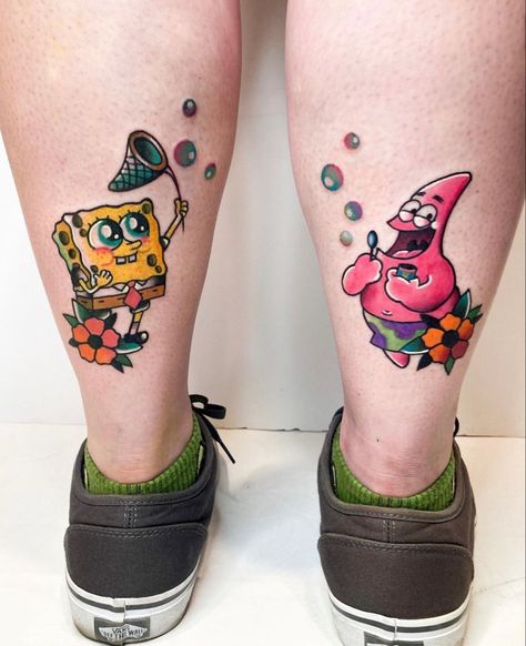 Spongebob Patrick Tattoo Best Friends, Spongebob Sister Tattoos, Sponge Bob And Patrick Tattoos, Spongebob Couple Tattoo, Spongebob And Patrick Tattoo Matching, Cute Spongebob Tattoos, Sponge Bob Tattoo Ideas, Sponge Bob Tattoo, Spongebob And Patrick Tattoo