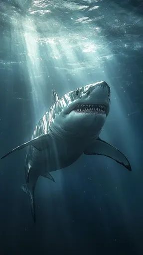 ↑↑↑ Larger size on website 🔸 A great white shark swims through the deep blue ocean, its powerful body illuminated by streaks of s Shark Great White, Sharks Photography, Biome Project, Shark Underwater, Biomes Project, Sharks Swimming, Jaws Shark, Shark Photos, Deep Blue Ocean