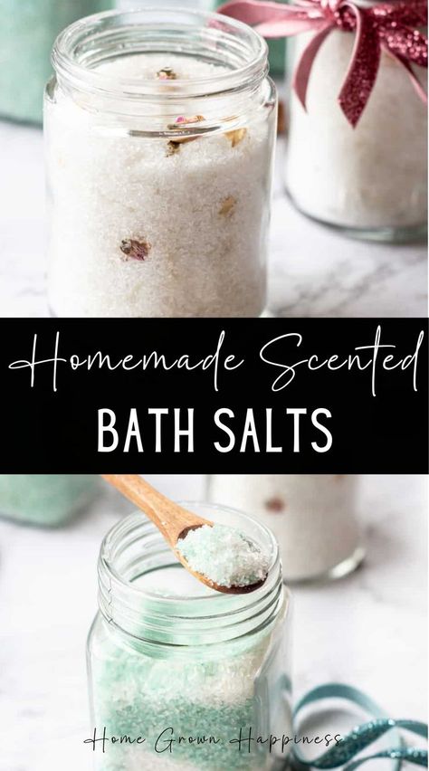 Homemade scented bath salts make the perfect DIY gift. Who doesn’t love a relaxing bath with deliciously scented water? Homemade scented bath salts are easy to make and so good for your skin and muscles. You can make them for yourself and give yourself some well-deserved me-time. Or, whip them up for a gorgeous D.I.Y gift! Diy Bath Salts Recipe Easy, Diy Bath Soak, Bath Benefits, Homemade Christmas Presents, Flower Scent, Edible Gifts, Relaxing Bath, Homemade Bath Products, Diy Homemade