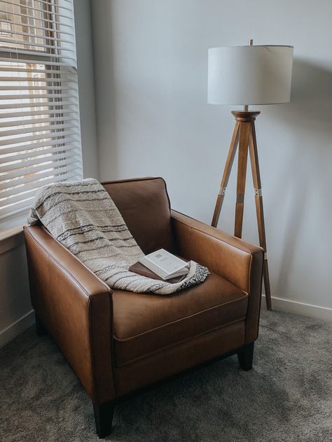 Brown Leather Chair Living Room, Bronze Metal Bed, Leather Armchair Living Room, Black Abstract Rug, Brown Leather Accent Chair, Black Side Tables, Tan Leather Chair, Leather Chair Living Room, Brown Lounge