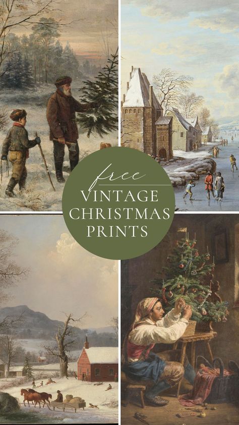 Christmas Art Landscape, Christmas Paintings Vintage, Christmas Poster Printables, Winter Cottage Decorating Ideas, Free Vintage Art Download, Free Vintage Christmas Printables Public Domain, Christmas Vintage Art, Vintage Winter Prints, Vintage Christmas Free Printables