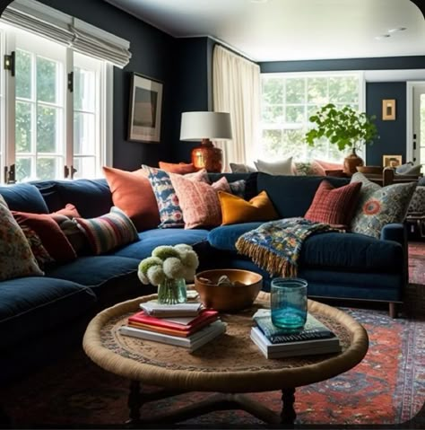 Navy Couch Mid Century Modern, Dark Couch Dark Walls, Blue Suede Sofa Living Room, Navy Velvet Sofa Living Room Ideas, Moody Living Room Navy Couch, Dark Blue Couches Living Room Decor, Dark Navy Couch Living Room, Blue Velvet Couch Styling, Blue Couch Red Rug