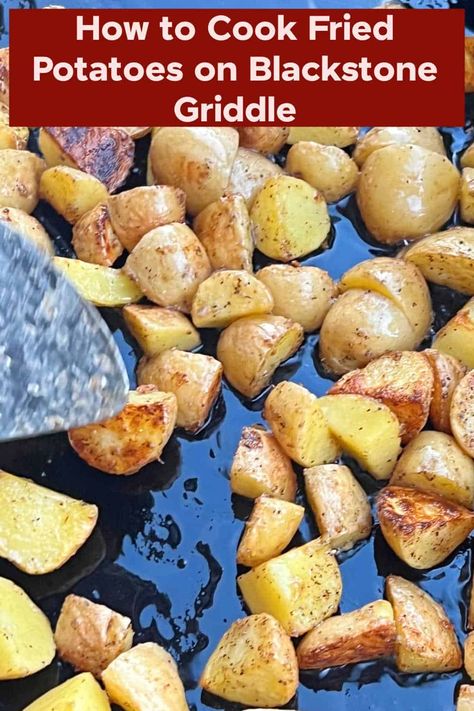 Learn how to make potatoes on the Blackstone griddle in minutes with this simple Blackstone potatoes recipe. Everyone loves this easy side dish, and you can cook it along with your favorite protein! via @meamel Fried Potatoes Blackstone, Home Fries On Blackstone Griddle, Blackstone Grilled Veggies, Diced Potatoes On Blackstone, Fried Potatoes On The Blackstone, Cooking Potatoes On Blackstone Griddle, Potatoes On Flat Top Grill, Blackstone Griddle Potato Recipes, Flat Top Potatoes