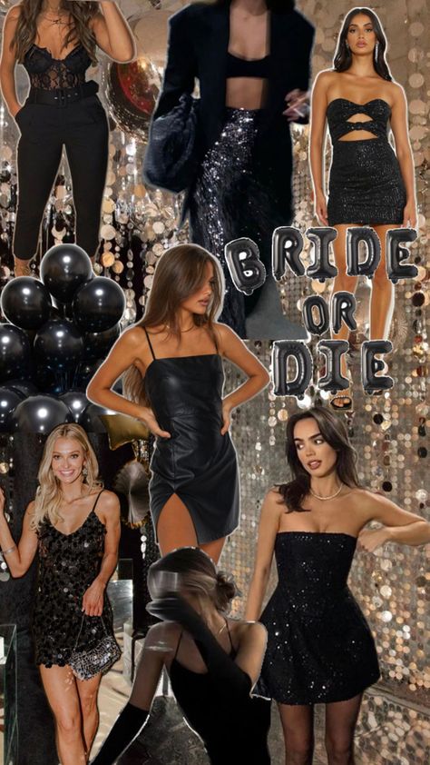 Bachelorette Theme Outfits Costume Ideas, Hens Party Outfit Guest, Black Hens Party Outfit, Bachelorette Party Black Theme, Themed Bachelorette Outfits, Black Theme Hens Party, Glitz And Glam Black Outfit, Mob Wife Bachelorette Theme, Black Out Bachelorette Party Outfit