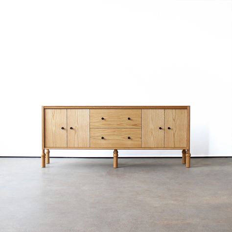 MaeCredenza72WhiteOak2 Oak Credenza, Art Deco Credenza, Lounge Storage, Brass Sideboard, Soft Close Drawer Slides, Spanish Style Home, Swinging Doors, White Sideboard, Shelves Storage