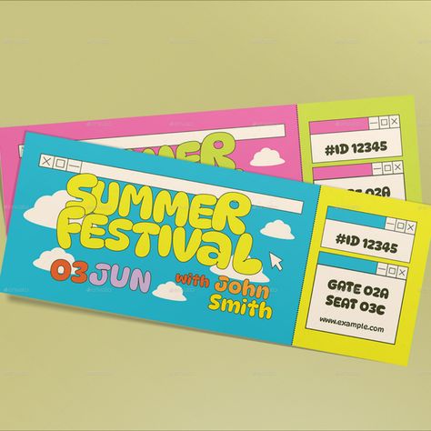 Blue Retro Summer Festival Ticket Event Ticket Design Creative, Summer Festival Graphic Design, Retro Ticket Design, Festival Tickets Design, Ticket Illustration Design, Music Festival Ticket Design, Retro Festival Poster, Summer Festival Branding, Summer Festival Design