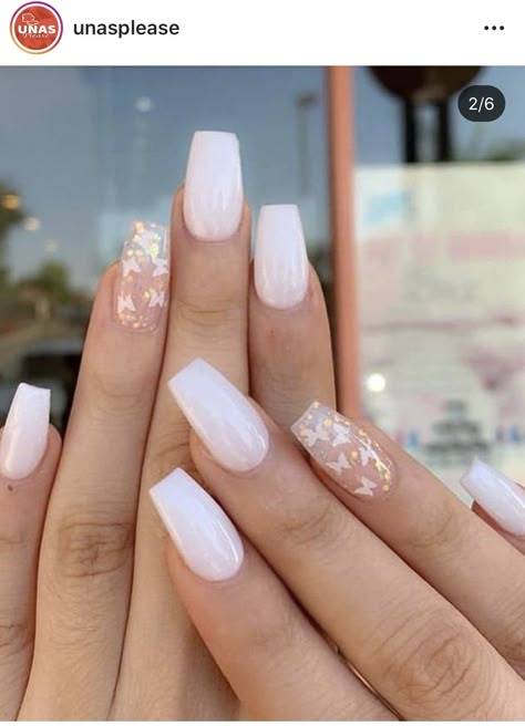 White Butterflies 🦋 Nails Basic, Image Nails, Milky Nails, Short Coffin Nails, White Acrylic Nails, Simple Acrylic Nails, Cute Acrylic Nail Designs, Supper Ideas, Nail Swag