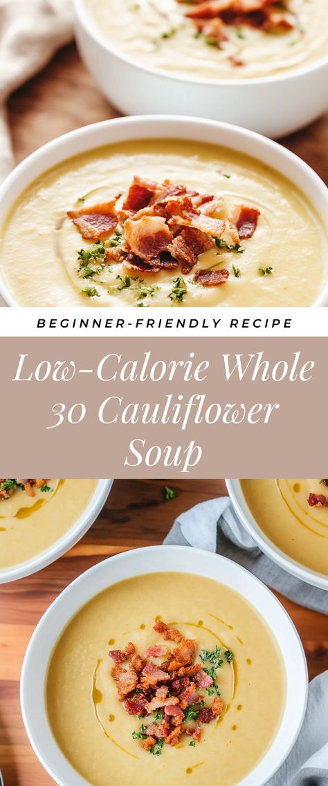 Image for Low-Calorie Whole 30 Cauliflower Soup Cauliflower Recipes Soup Healthy, Creamy Cauliflower Vegetable Soup, Soups Using Cauliflower, Cauliflower Soup Healthy Clean Eating, Whole 30 Cauliflower Soup, Cream Of Cauliflower Soup Recipe Healthy, Cream Cauliflower Soup, Asiago Cauliflower Soup, Thai Coconut Cauliflower Soup