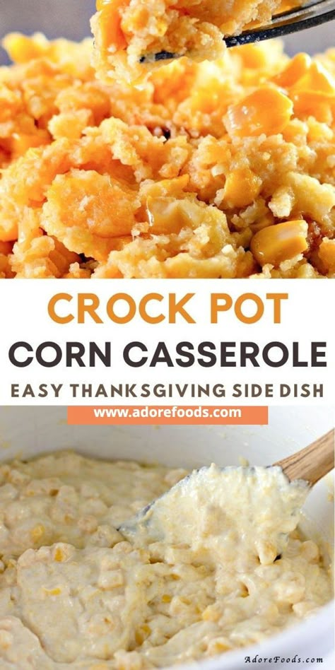 Get ready to elevate your Thanksgiving feast with this creamy, cheesy Crockpot Corn Pudding! 🌽🧀 It's super easy to whip up with just a few simple ingredients like Jiffy corn muffin mix, canned corn, and sour cream. This slow cooker casserole is not only family-friendly but also the star side dish that everyone will be talking about! 😋❤ Perfect for making ahead, this Southern-inspired gem brings the perfect blend of sweet and savory to your holiday table. Crockpot Corn Dish, Thanksgiving Crockpot Side Dishes, Thanksgiving Side Dishes Easy Crockpot, Crockpot Corn Pudding, Crockpot Thanksgiving Sides, Crock Pot Corn Casserole, Thanksgiving Corn Casserole, Crockpot Corn Casserole, Corn And Sour Cream